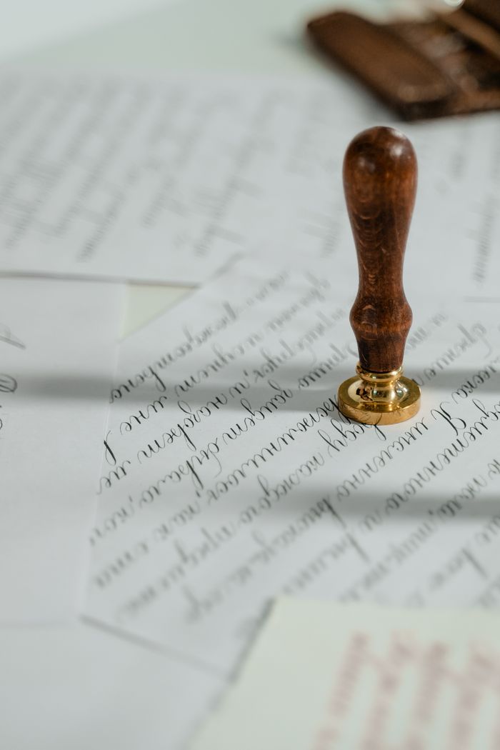 gallery-07 Vintage calligraphy papers with a wooden wax seal stamp, embodying timeless elegance.